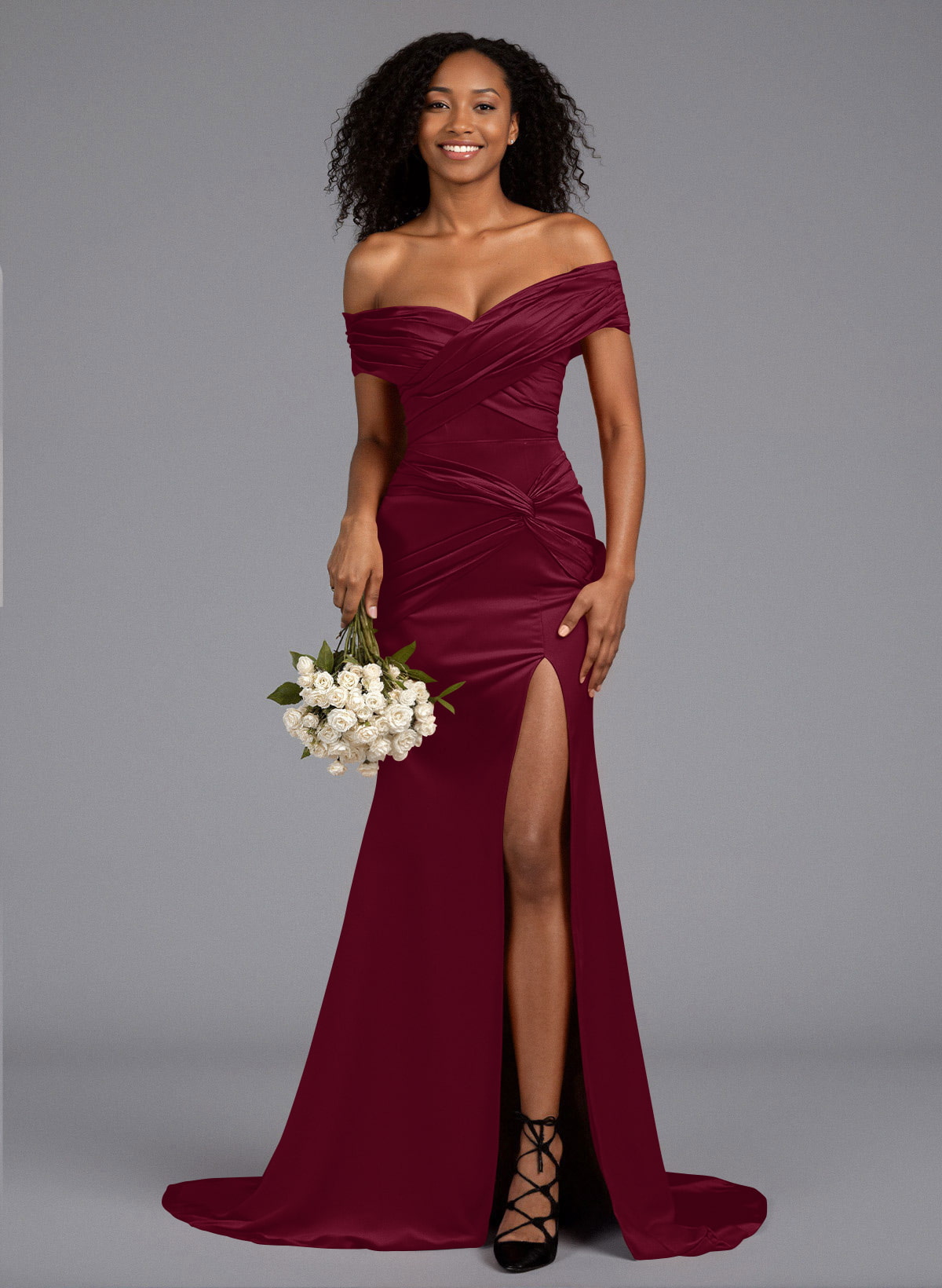 Trumpet/Mermaid Off-The-Shoulder Sweep Train Silk Like Satin Bridesmaid Dresses With High Split