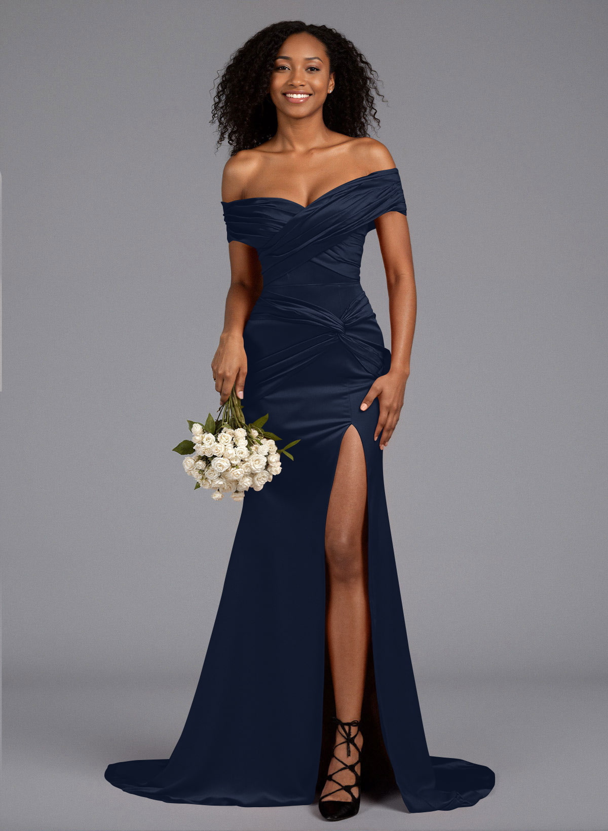 Trumpet/Mermaid Off-The-Shoulder Sweep Train Silk Like Satin Bridesmaid Dresses With High Split