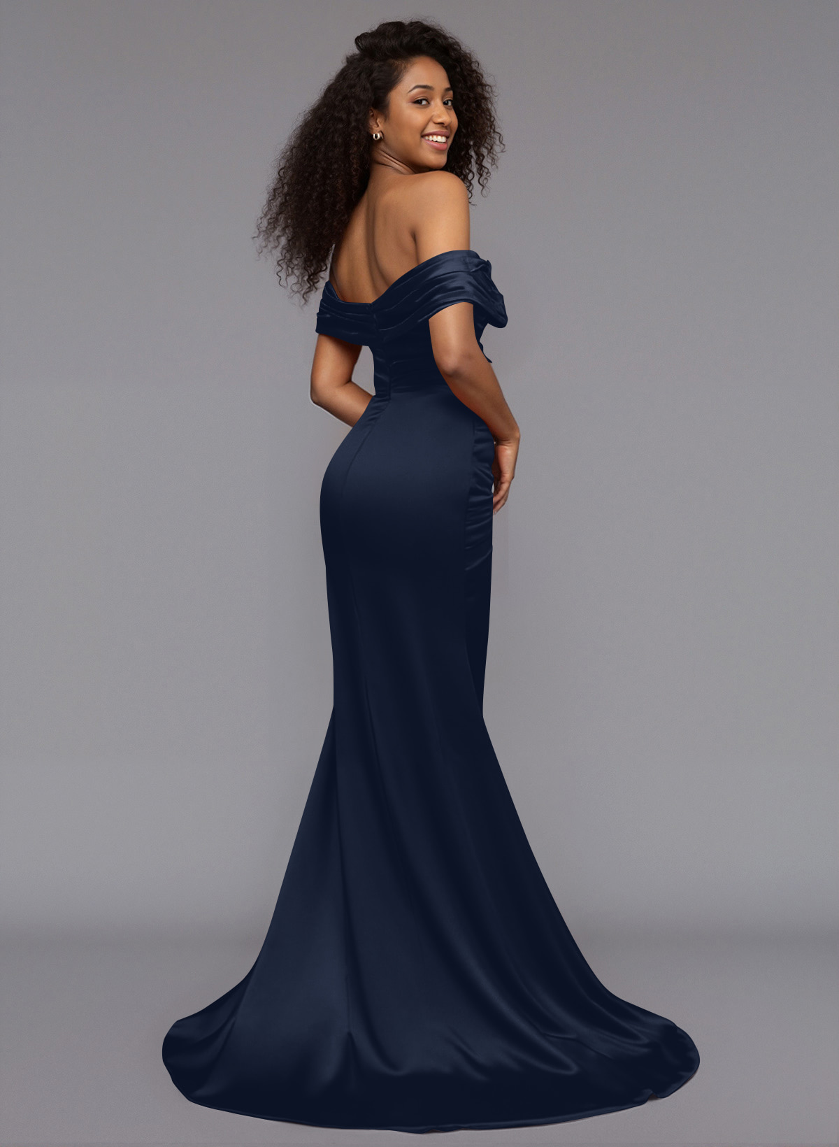 Trumpet/Mermaid Off-The-Shoulder Sweep Train Silk Like Satin Bridesmaid Dresses With High Split