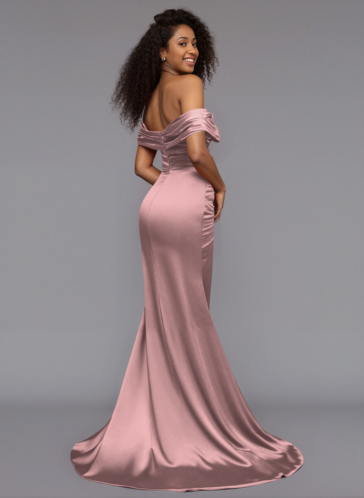 Trumpet/Mermaid Off-The-Shoulder Sweep Train Silk Like Satin Bridesmaid Dresses With High Split