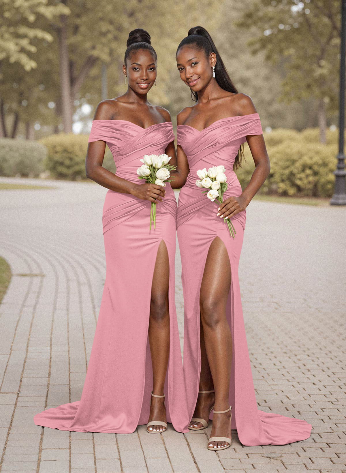 Trumpet/Mermaid Off-The-Shoulder Sweep Train Silk Like Satin Bridesmaid Dresses With High Split