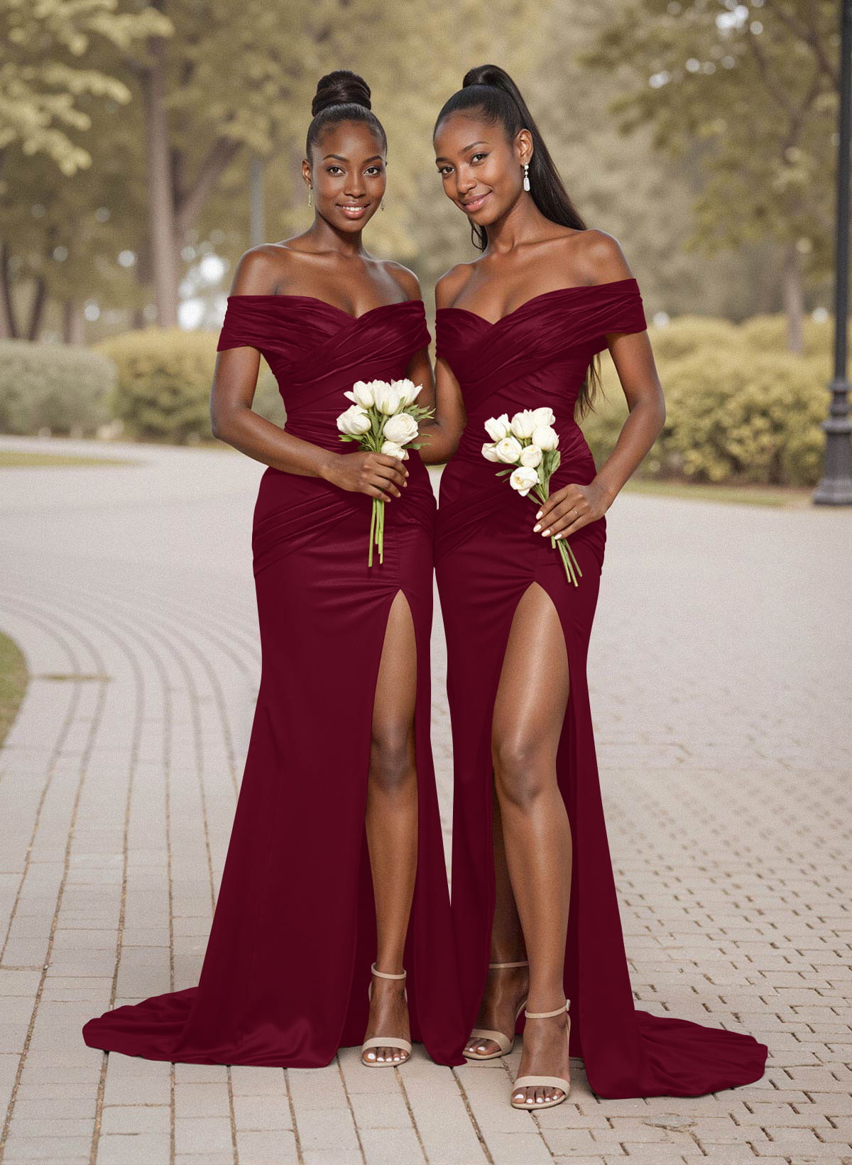 Trumpet/Mermaid Off-The-Shoulder Sweep Train Silk Like Satin Bridesmaid Dresses With High Split