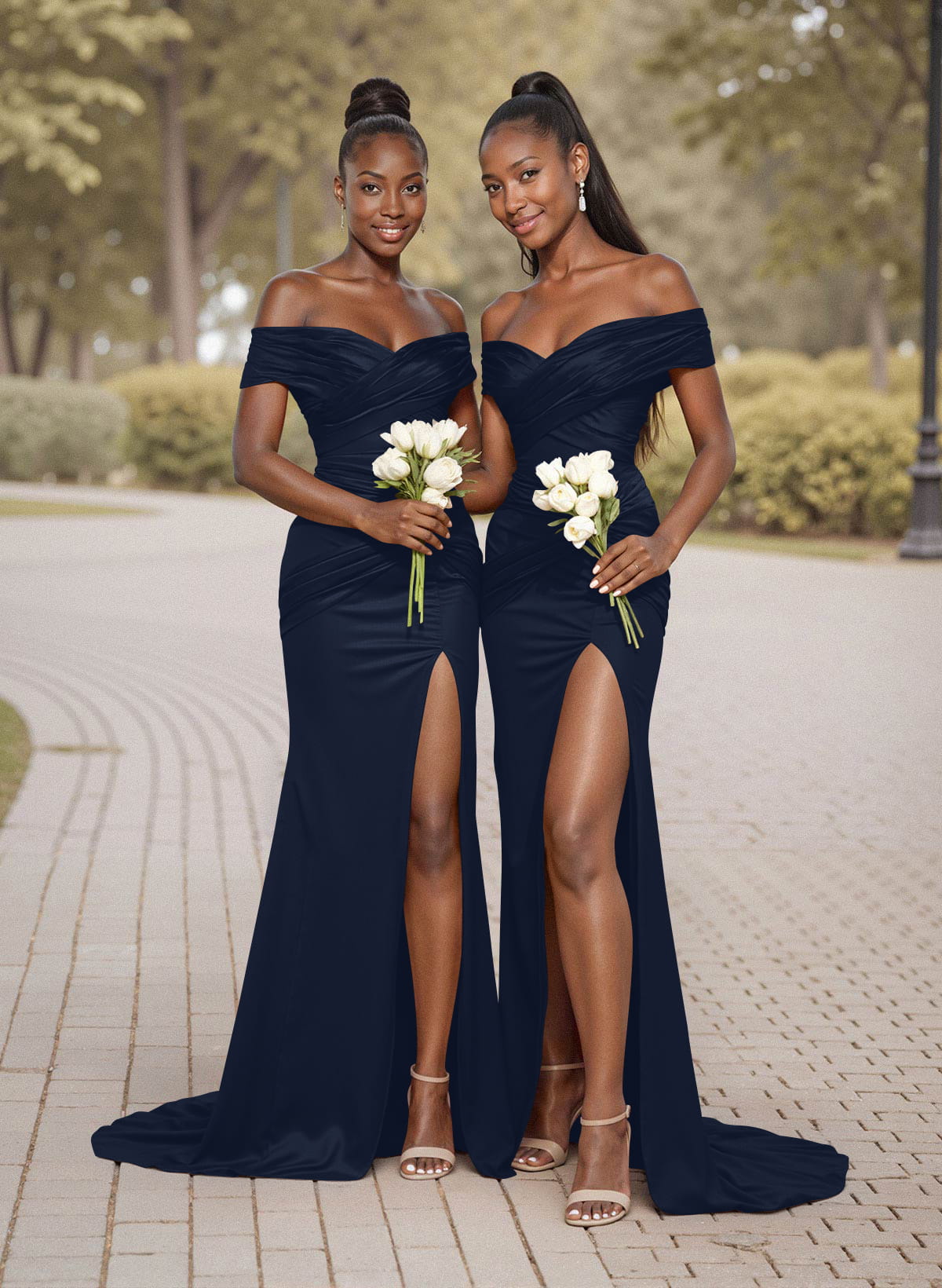 Trumpet/Mermaid Off-The-Shoulder Sweep Train Silk Like Satin Bridesmaid Dresses With High Split