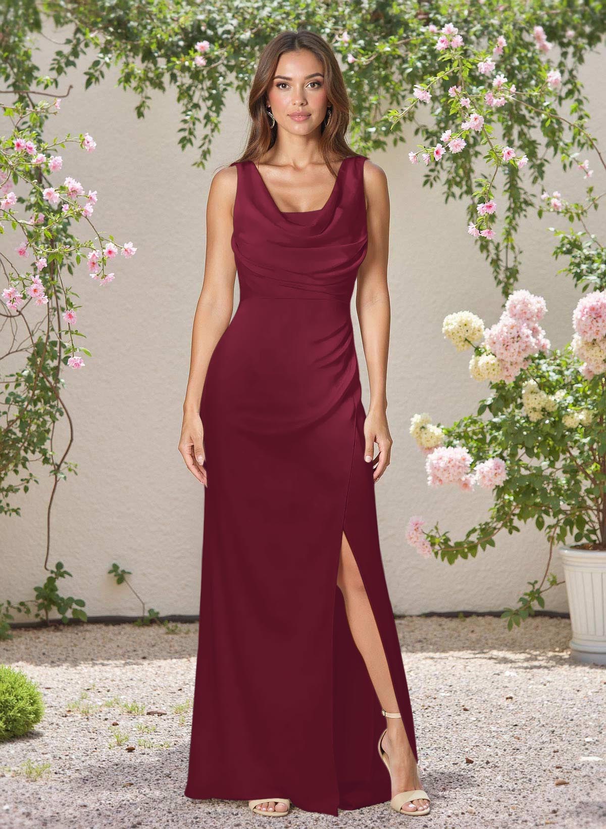 Minimalistic Cowl Neck Sleeveless Stretch Chiffon Bridesmaid Dresses With High Split, image 5
