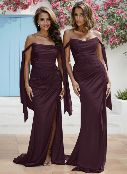 Sheath/Column Off-The-Shoulder Silk Like Satin Bridesmaid Dresses With High Split