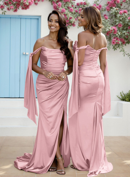 Sheath/Column Off-The-Shoulder Silk Like Satin Bridesmaid Dresses With High Split