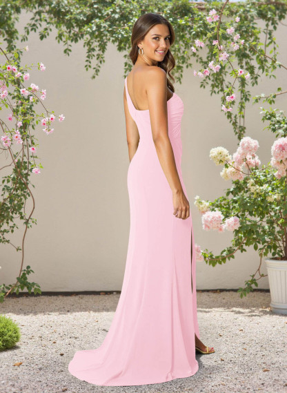 Flattering One-Shoulder Sleeveless Bridesmaid Dresses Stretch Chiffon With High Split
