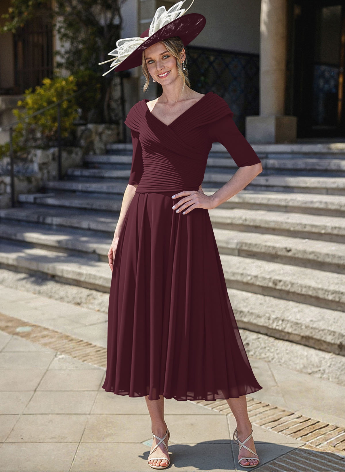 A-Line V-Neck 1/2 Sleeves Tea-Length Chiffon Mother Of The Bride Dresses With Pleated