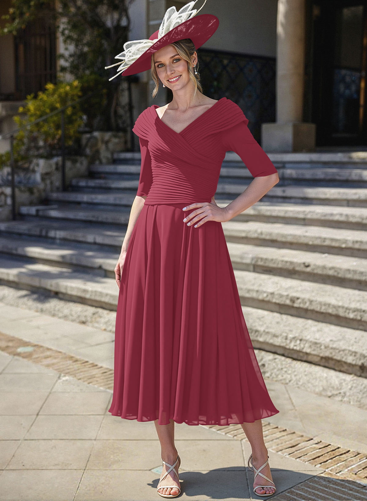 A-Line V-Neck 1/2 Sleeves Tea-Length Chiffon Mother Of The Bride Dresses With Pleated