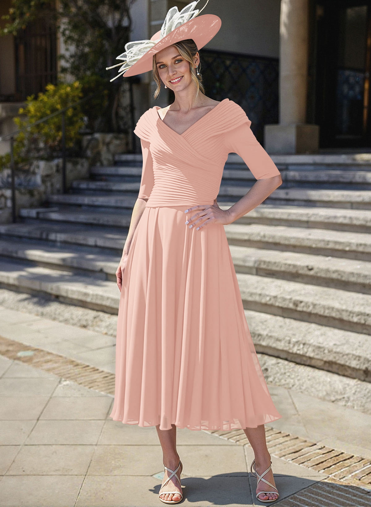 A-Line V-Neck 1/2 Sleeves Tea-Length Chiffon Mother Of The Bride Dresses With Pleated