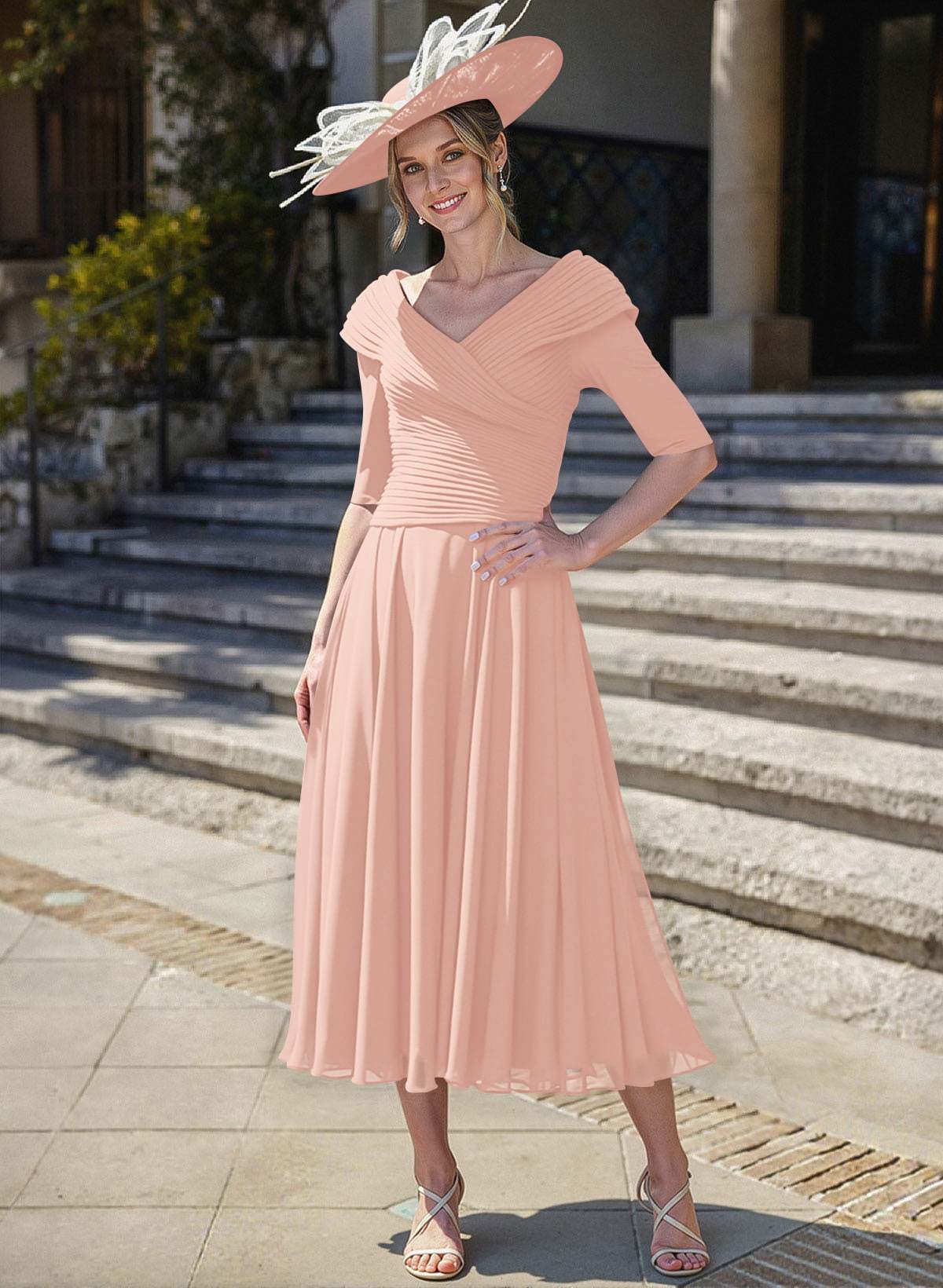 A-Line V-Neck 1/2 Sleeves Tea-Length Chiffon Mother Of The Bride Dresses With Pleated