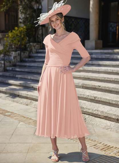 A-Line V-Neck 1/2 Sleeves Tea-Length Chiffon Mother Of The Bride Dresses With Pleated