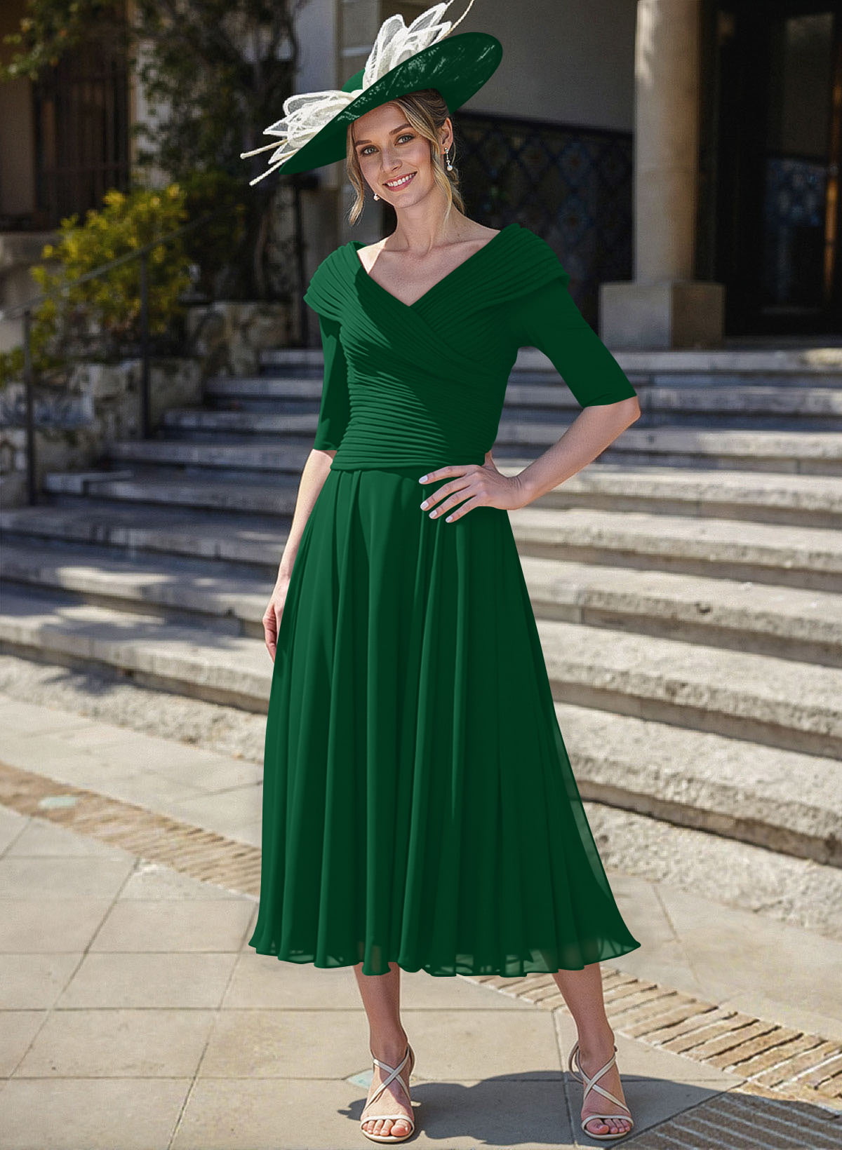A-Line V-Neck 1/2 Sleeves Tea-Length Chiffon Mother Of The Bride Dresses With Pleated