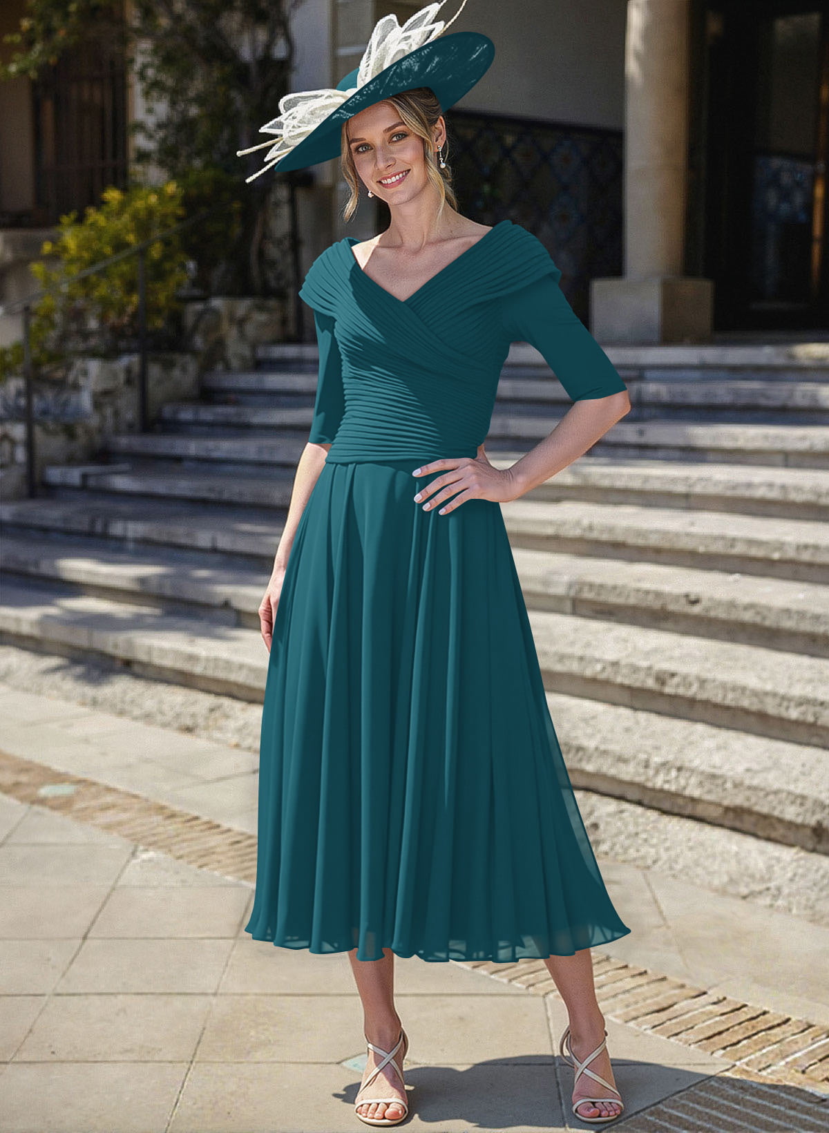 A-Line V-Neck 1/2 Sleeves Tea-Length Chiffon Mother Of The Bride Dresses With Pleated