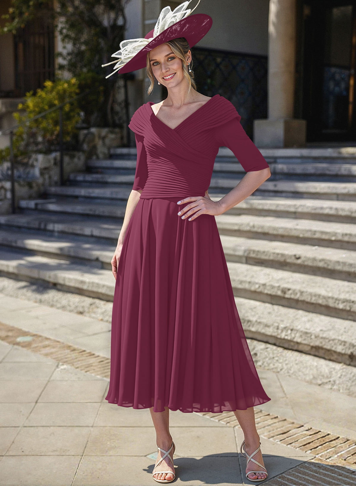 A-Line V-Neck 1/2 Sleeves Tea-Length Chiffon Mother Of The Bride Dresses With Pleated
