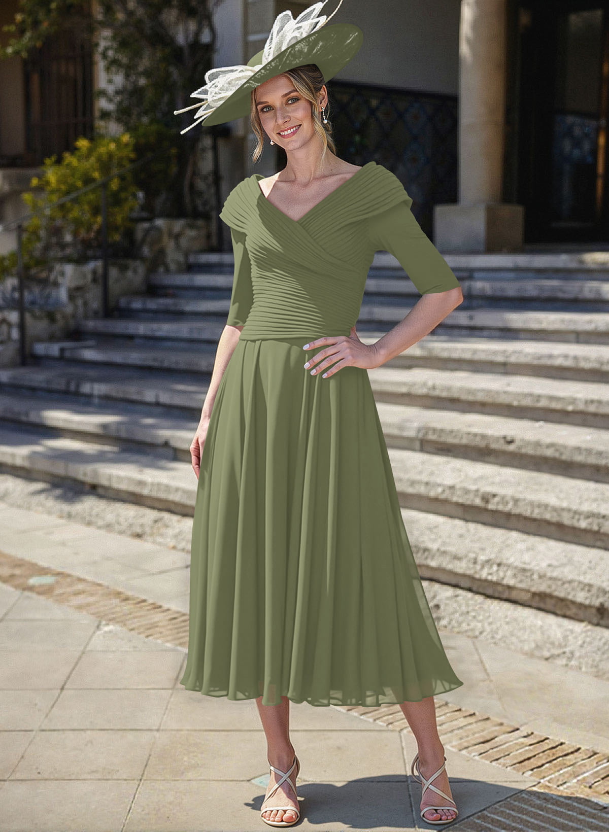A-Line V-Neck 1/2 Sleeves Tea-Length Chiffon Mother Of The Bride Dresses With Pleated