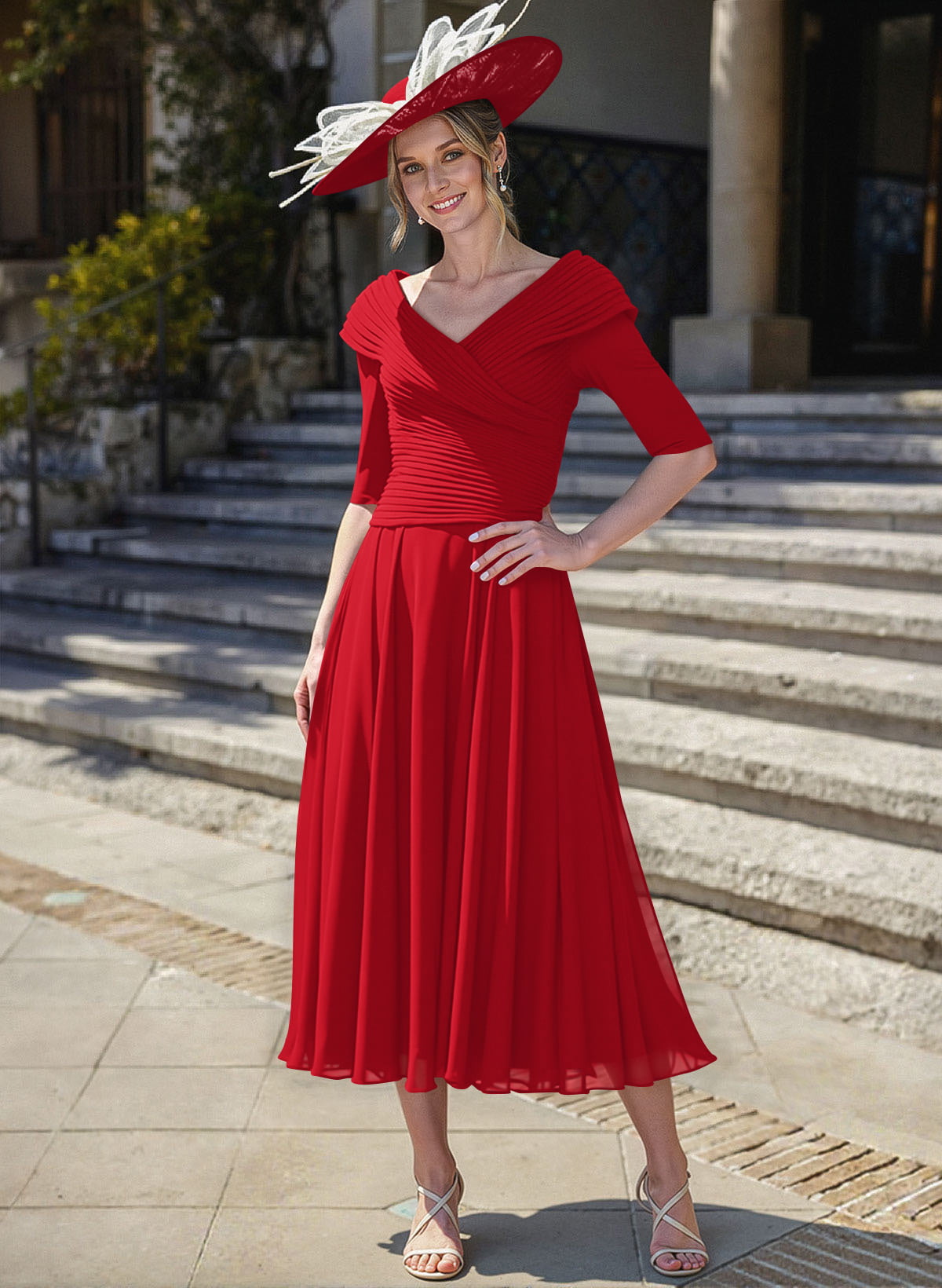 A-Line V-Neck 1/2 Sleeves Tea-Length Chiffon Mother Of The Bride Dresses With Pleated
