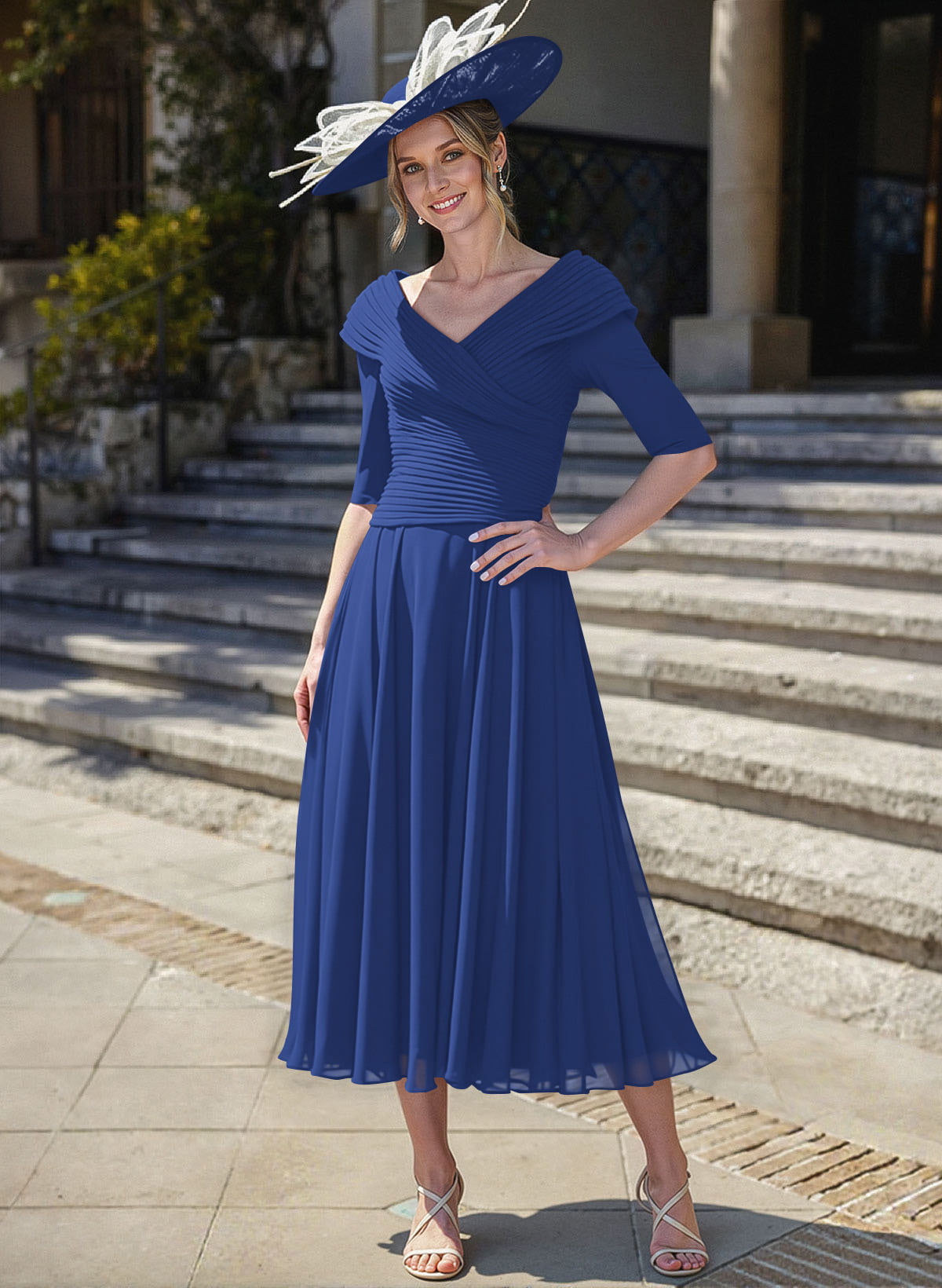 A-Line V-Neck 1/2 Sleeves Tea-Length Chiffon Mother Of The Bride Dresses With Pleated