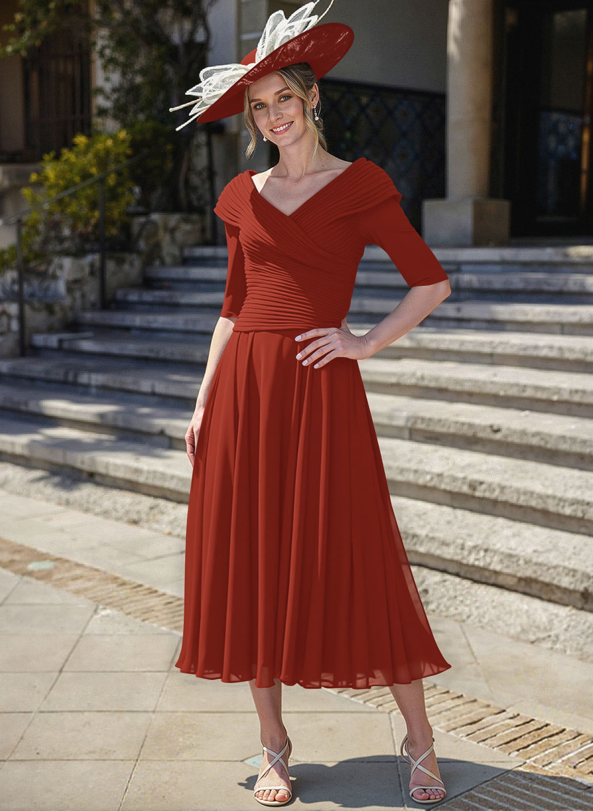 A-Line V-Neck 1/2 Sleeves Tea-Length Chiffon Mother Of The Bride Dresses With Pleated