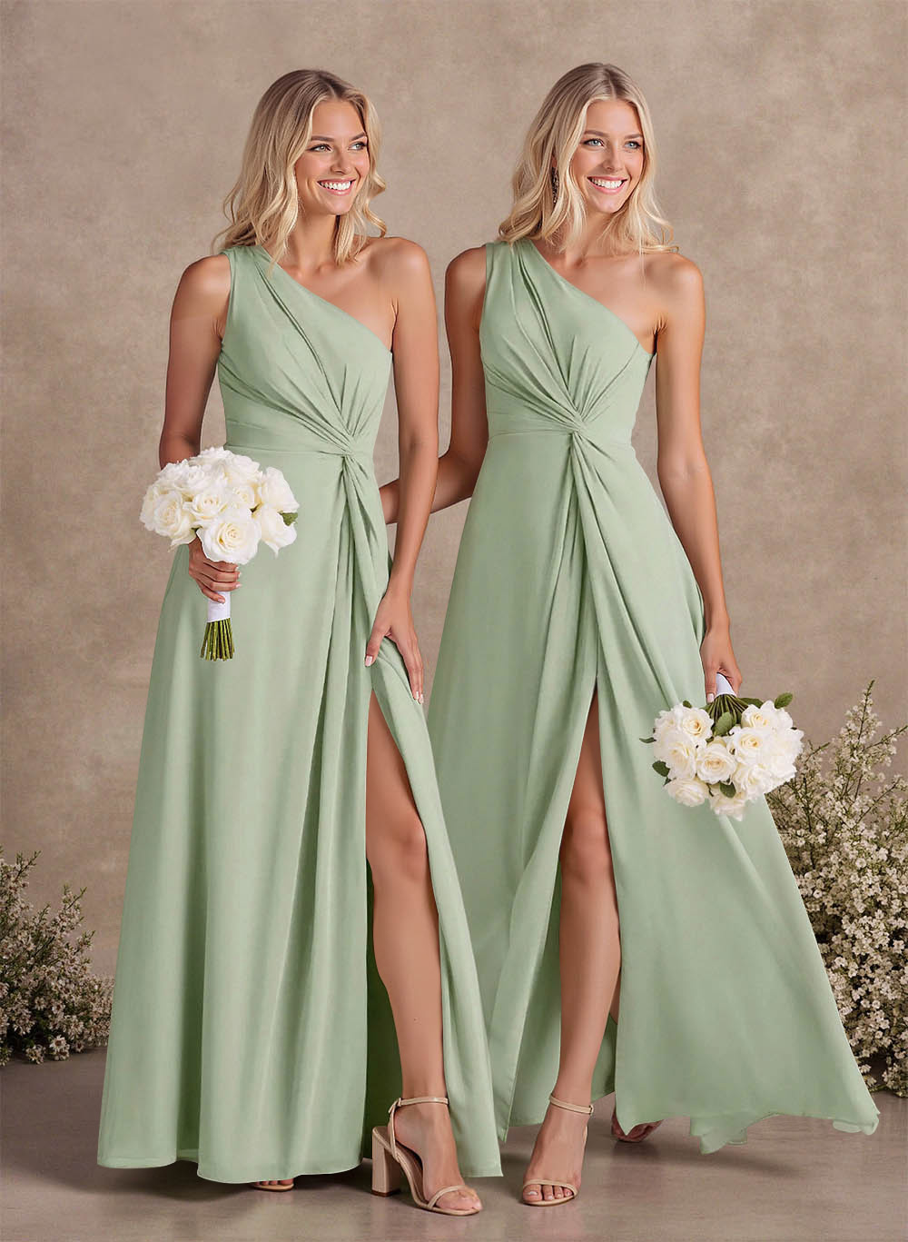 Modest One-Shoulder Sleeveless Chiffon Bridesmaid Dresses With Twisted Knot, product image 1