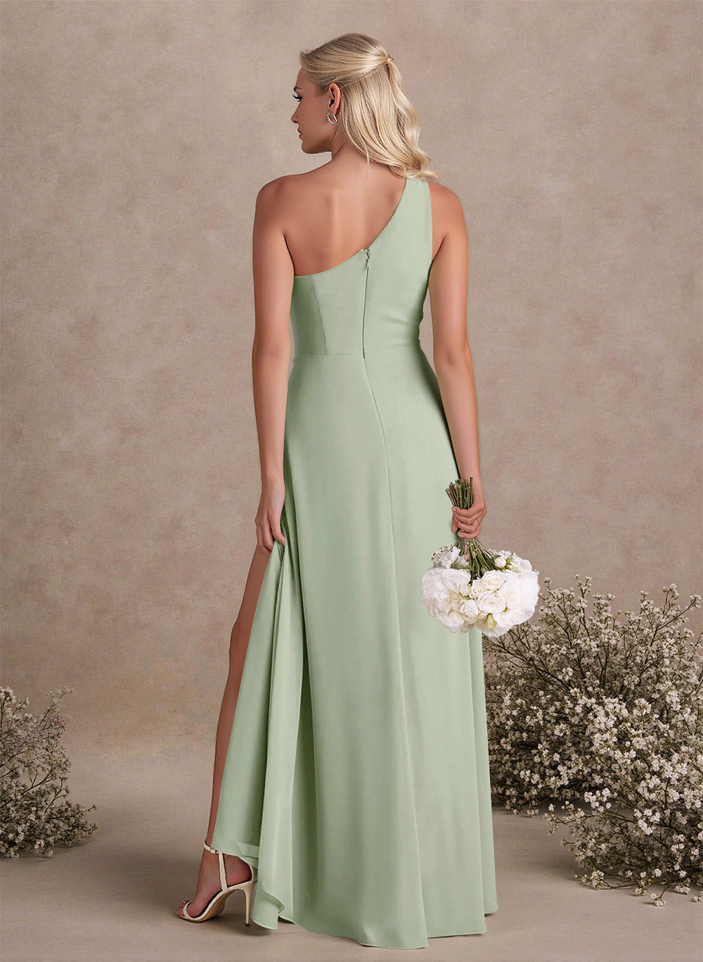Modest One-Shoulder Sleeveless Chiffon Bridesmaid Dresses With Twisted Knot, product image 2
