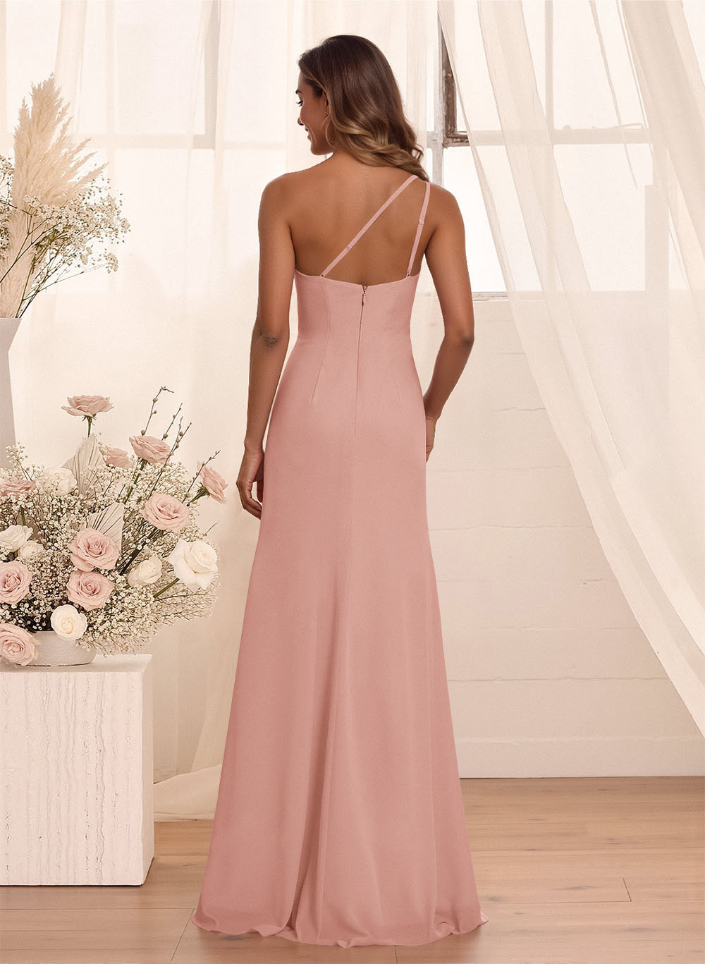 Flattering A-Line One-Shoulder Chiffon Bridesmaid With Split Front, product image 2