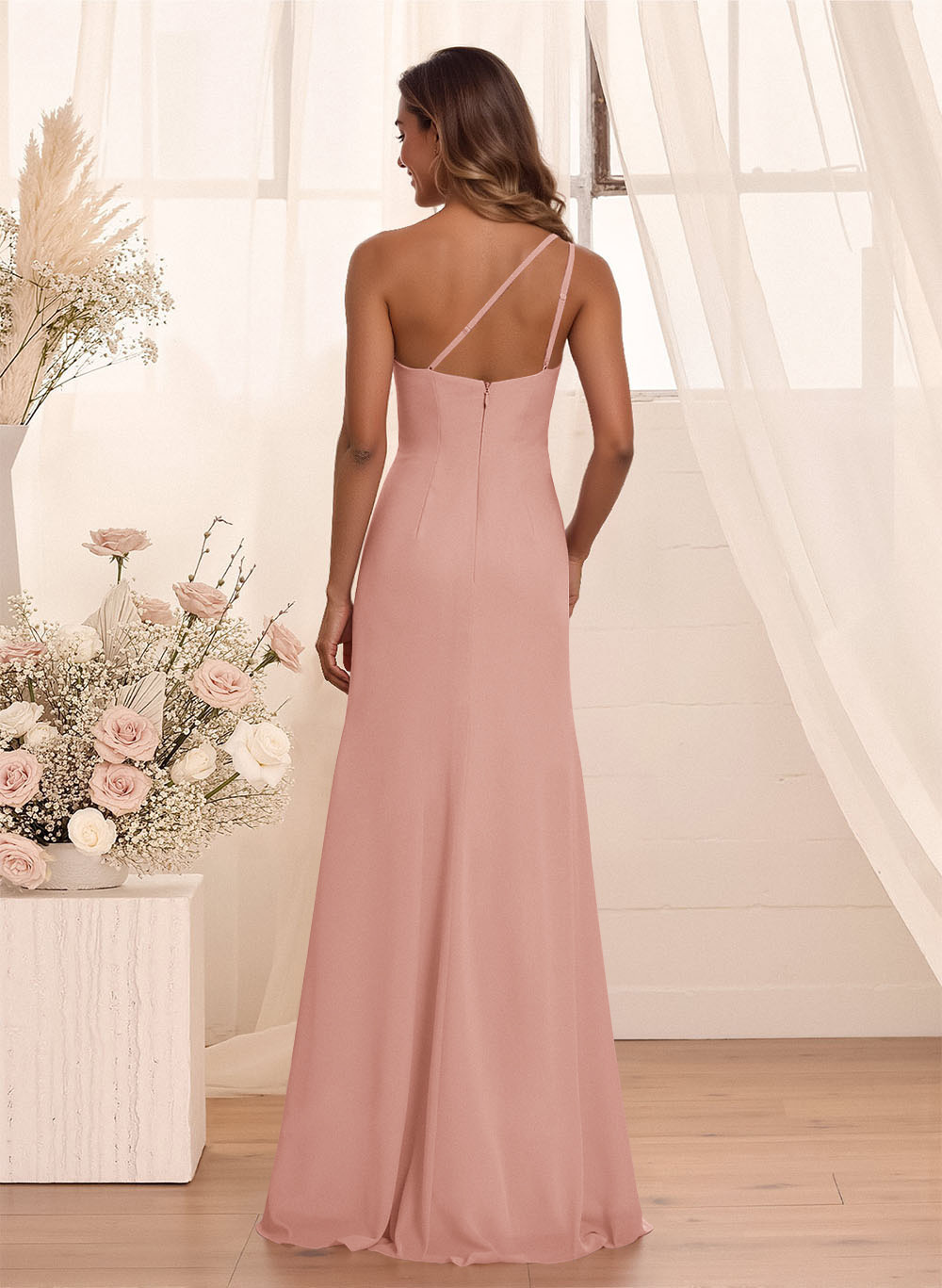 Flattering A-Line One-Shoulder Chiffon Bridesmaid With Split Front, product image 2