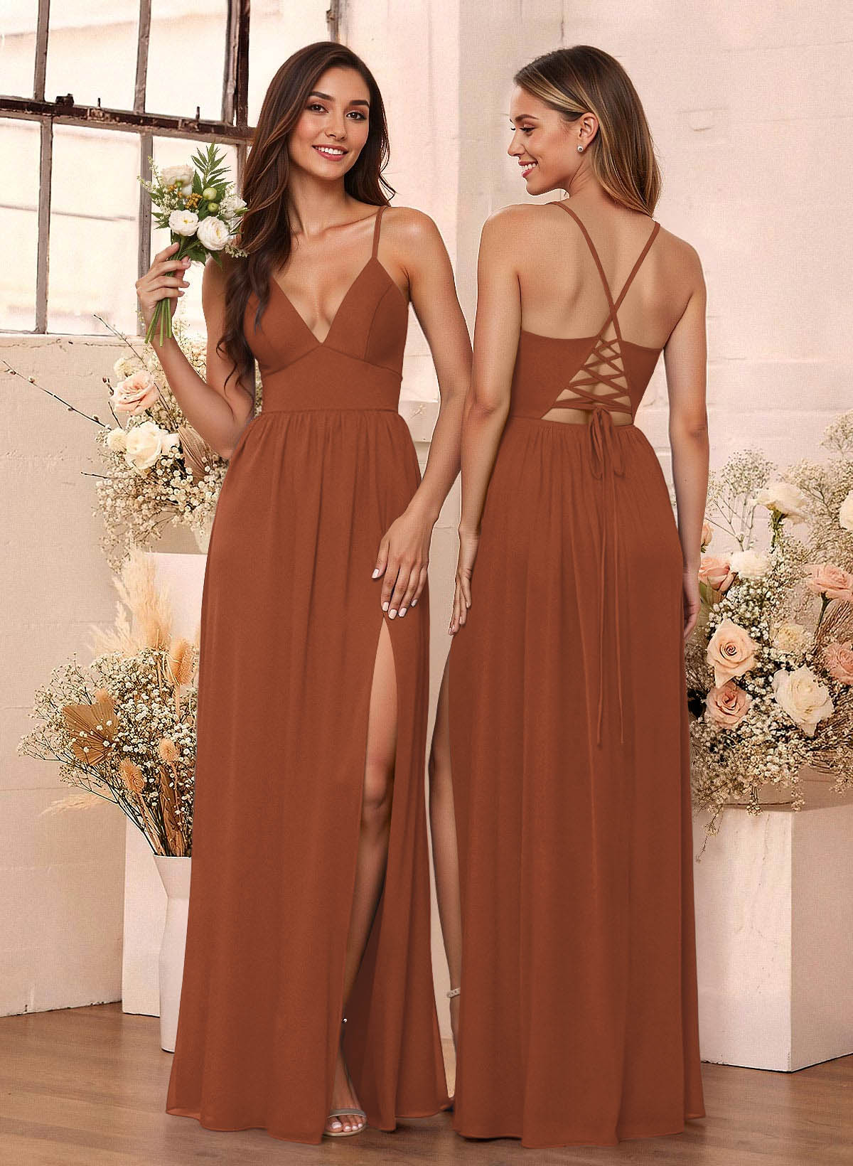 Simple A-Line Plunge Neck Floor-Length Chiffon Bridesmaid Dresses With Split Front, image 6