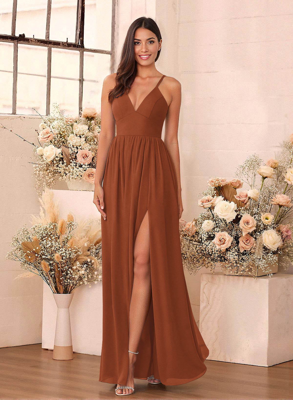 Simple A-Line Plunge Neck Floor-Length Chiffon Bridesmaid Dresses With Split Front, image 7