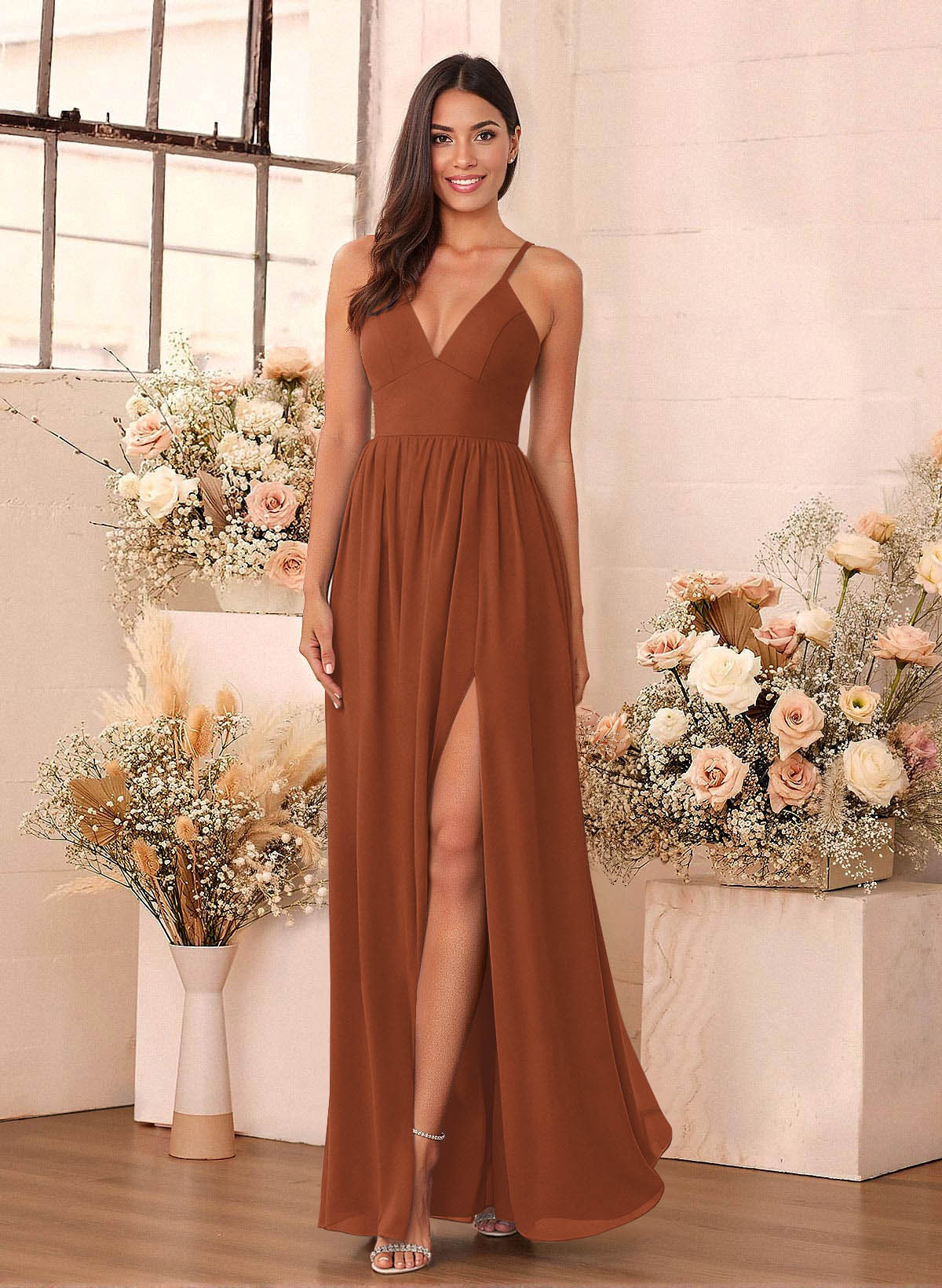 Simple A-Line Plunge Neck Floor-Length Chiffon Bridesmaid Dresses With Split Front, image 7