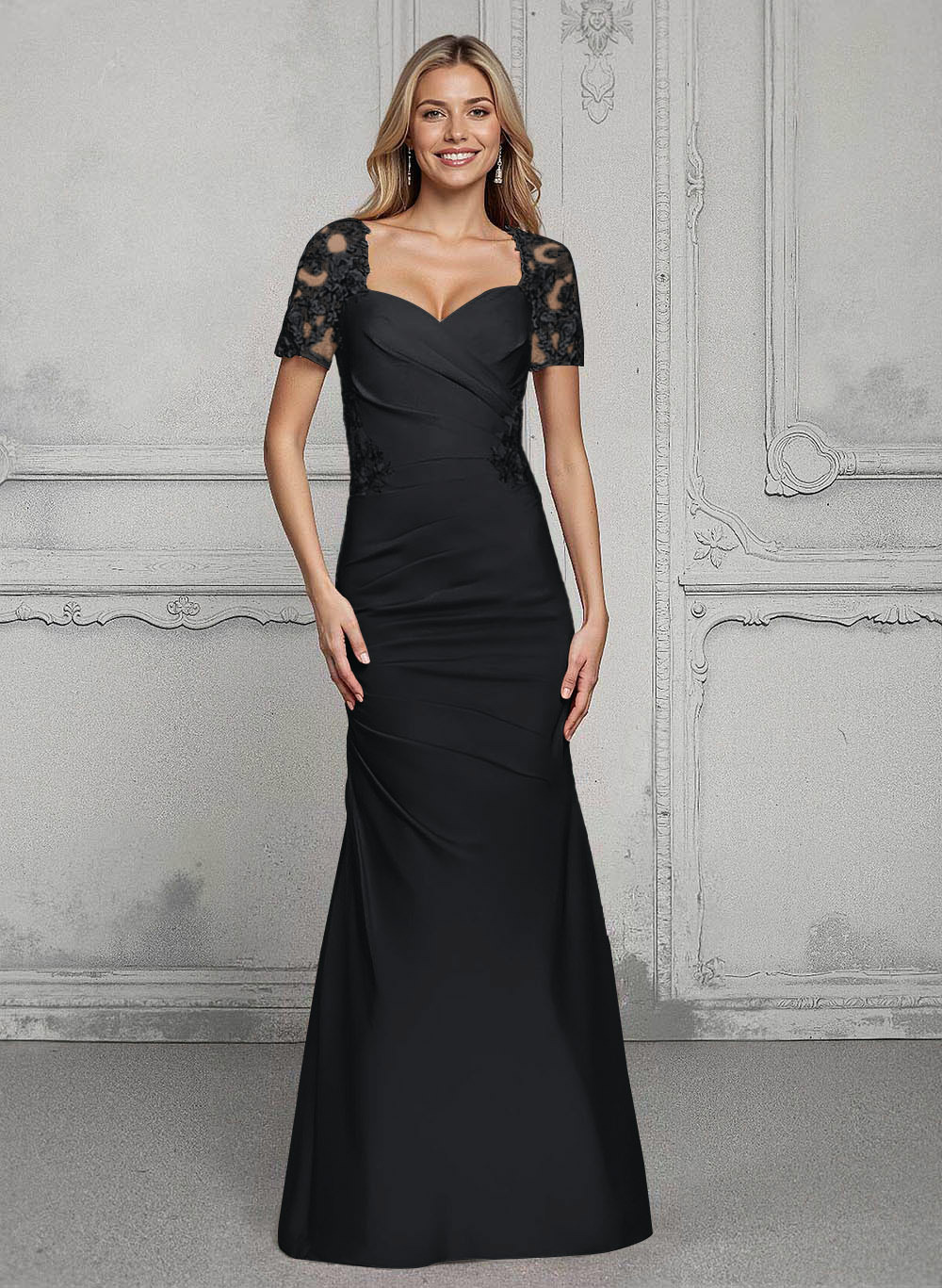 V-Neck Short Sleeves Satin Mother Of The Bride Dresses With Lace