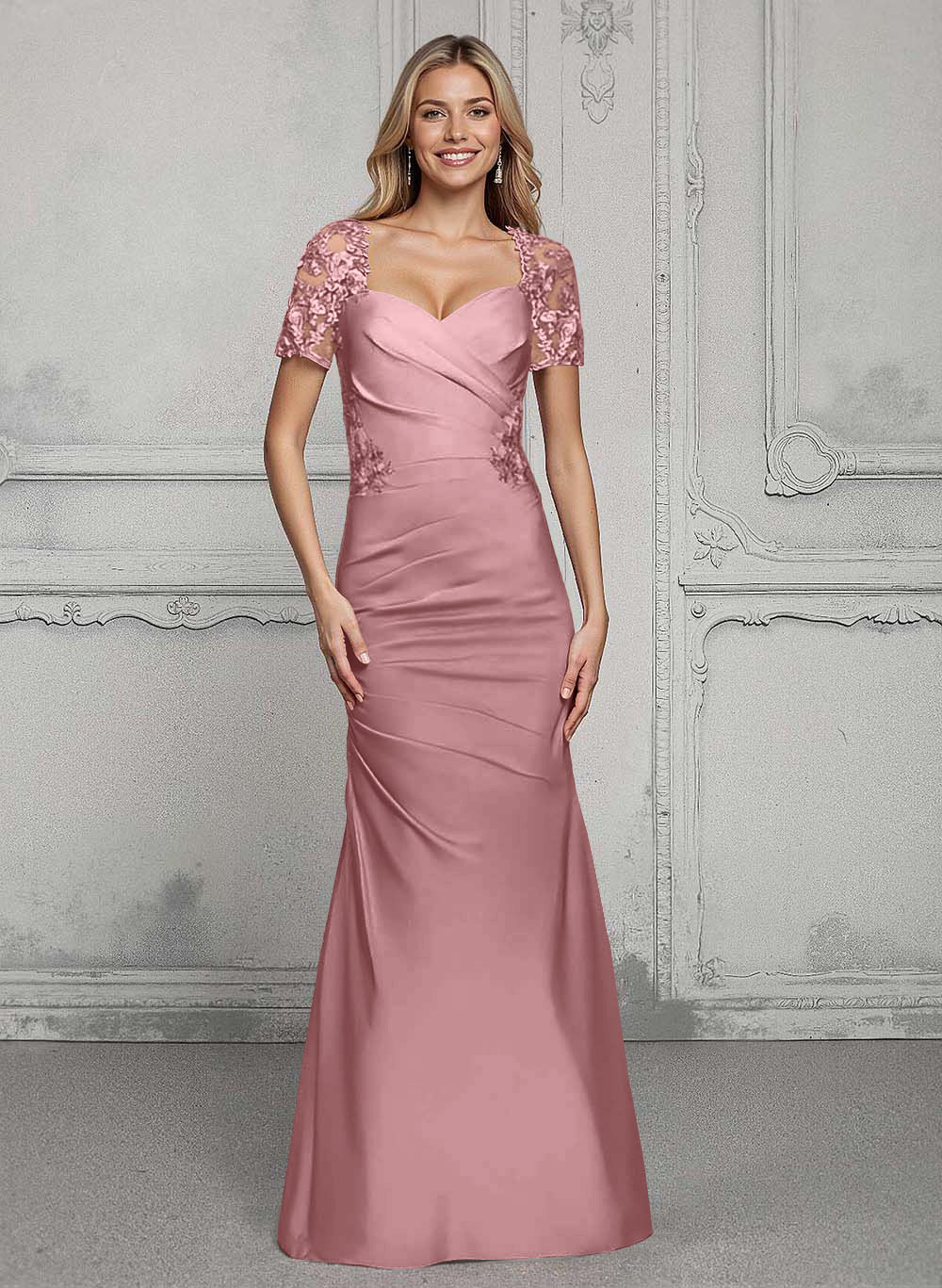 V-Neck Short Sleeves Satin Mother Of The Bride Dresses With Lace