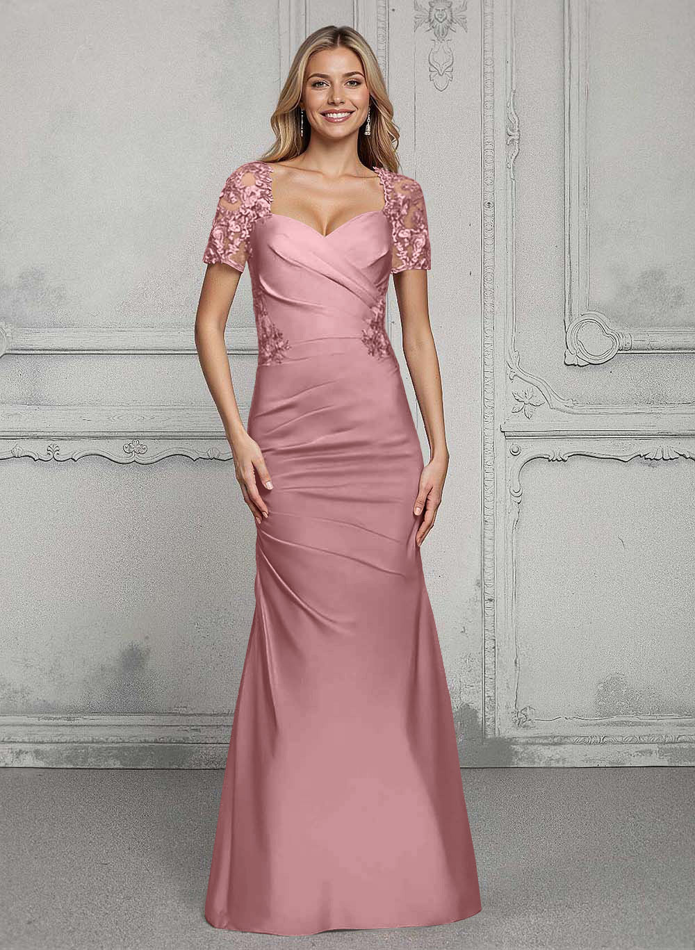 V-Neck Short Sleeves Satin Mother Of The Bride Dresses With Lace