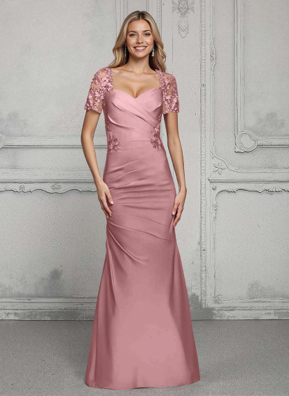 V-Neck Short Sleeves Satin Mother Of The Bride Dresses With Lace
