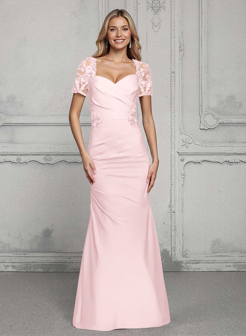 V-Neck Short Sleeves Satin Mother Of The Bride Dresses With Lace