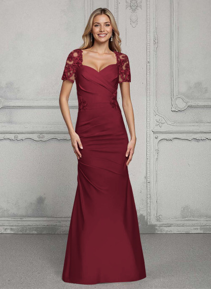V-Neck Short Sleeves Satin Mother Of The Bride Dresses With Lace