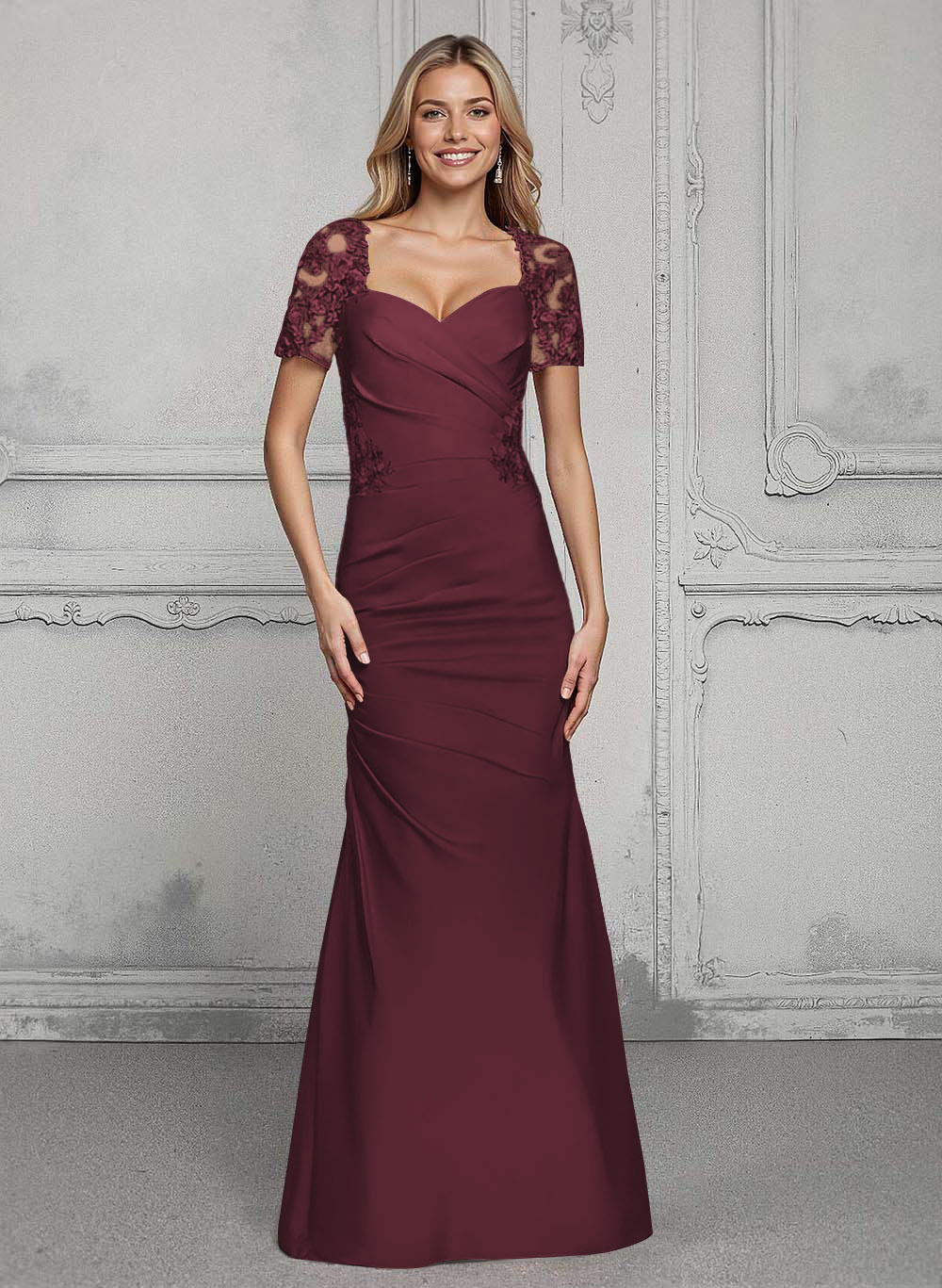 V-Neck Short Sleeves Satin Mother Of The Bride Dresses With Lace