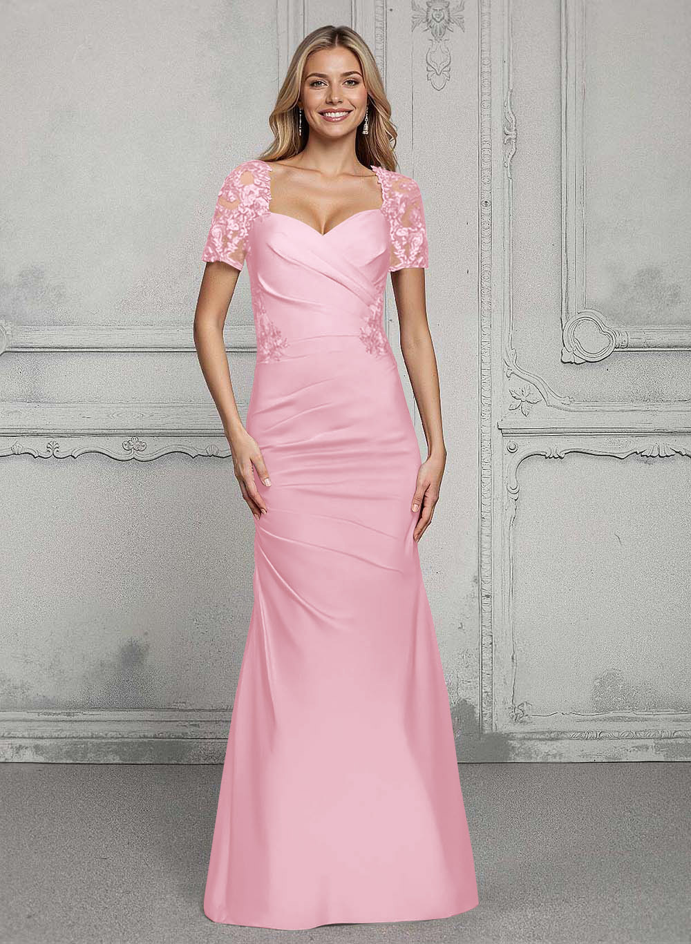 V-Neck Short Sleeves Satin Mother Of The Bride Dresses With Lace