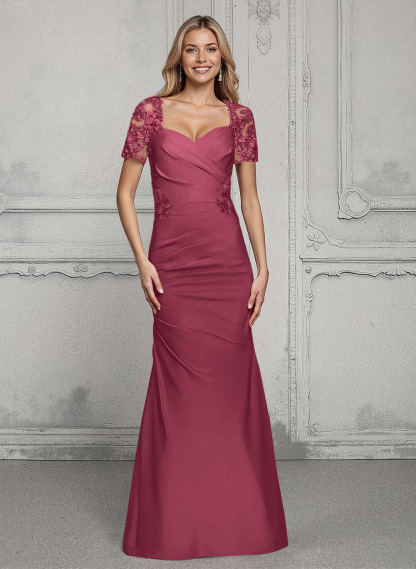 V-Neck Short Sleeves Satin Mother Of The Bride Dresses With Lace