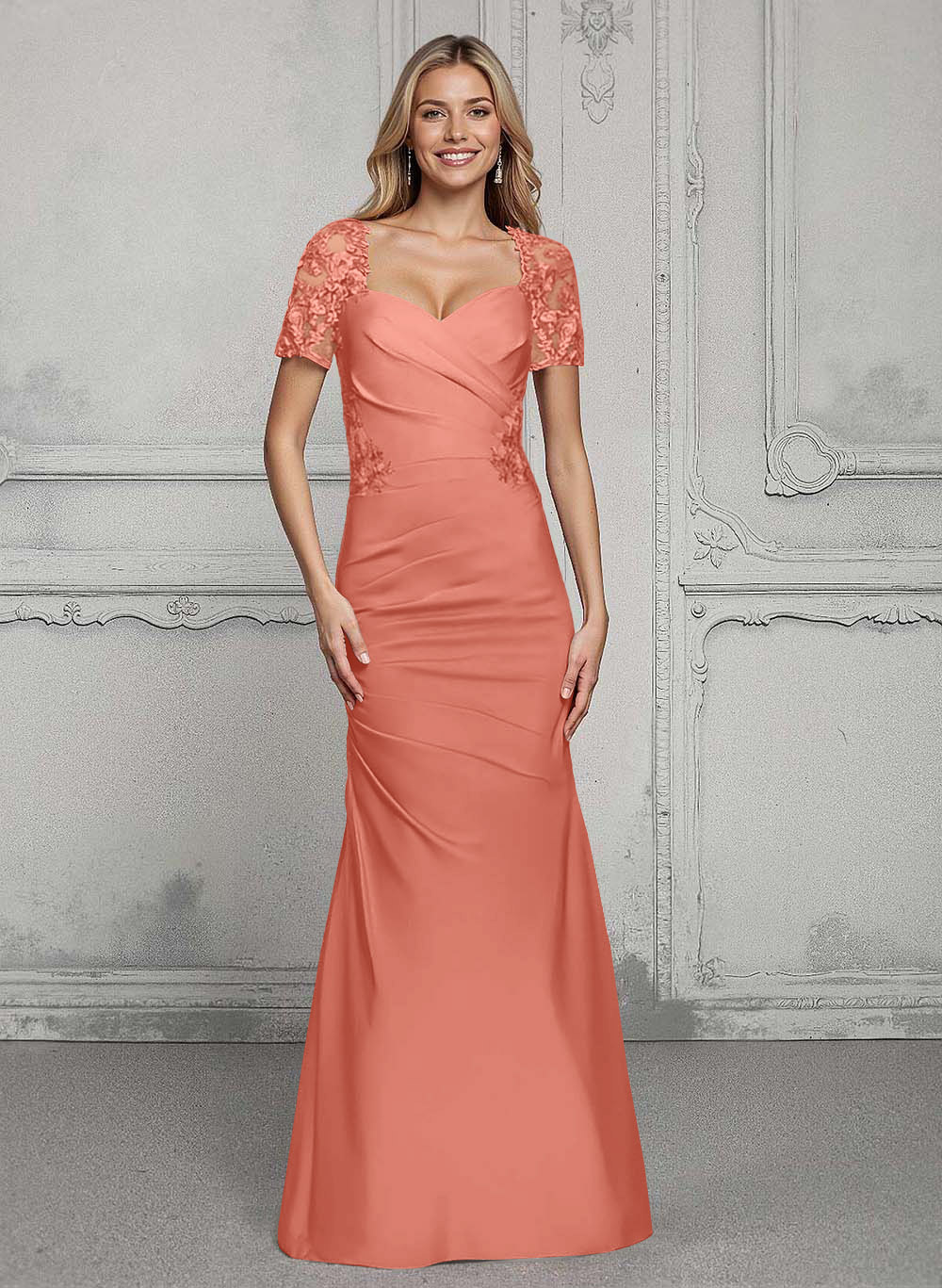 V-Neck Short Sleeves Satin Mother Of The Bride Dresses With Lace