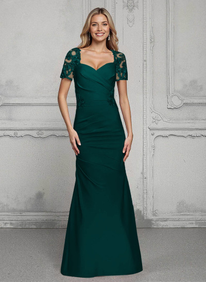 V-Neck Short Sleeves Satin Mother Of The Bride Dresses With Lace