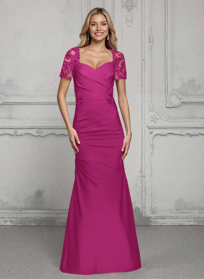 V-Neck Short Sleeves Satin Mother Of The Bride Dresses With Lace
