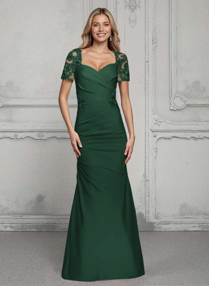 V-Neck Short Sleeves Satin Mother Of The Bride Dresses With Lace