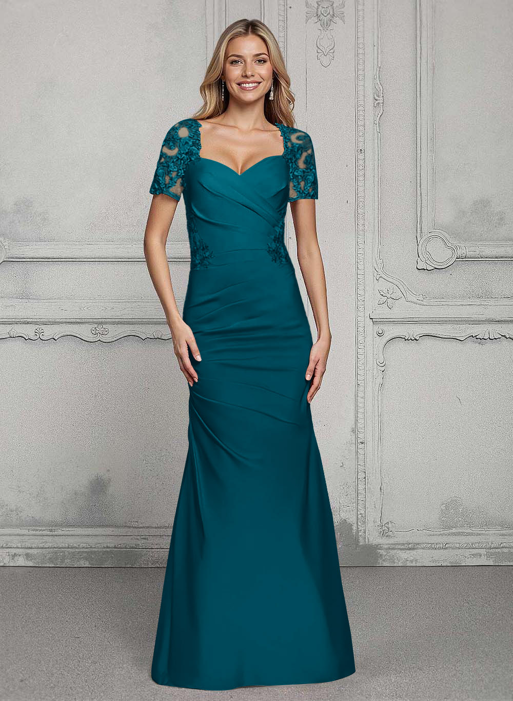 V-Neck Short Sleeves Satin Mother Of The Bride Dresses With Lace