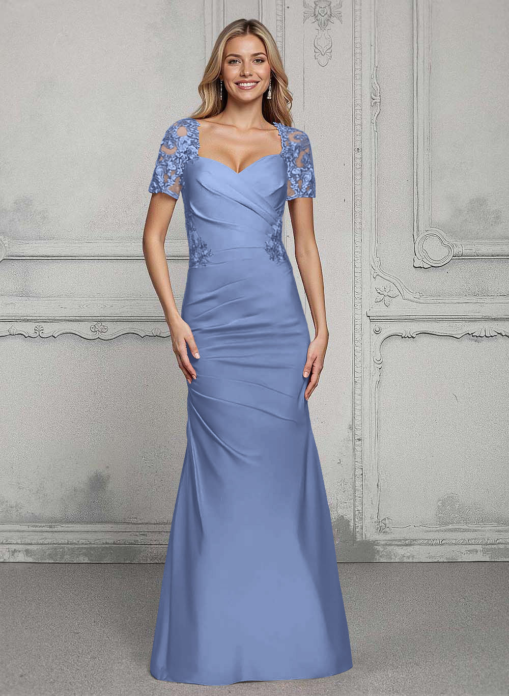 V-Neck Short Sleeves Satin Mother Of The Bride Dresses With Lace