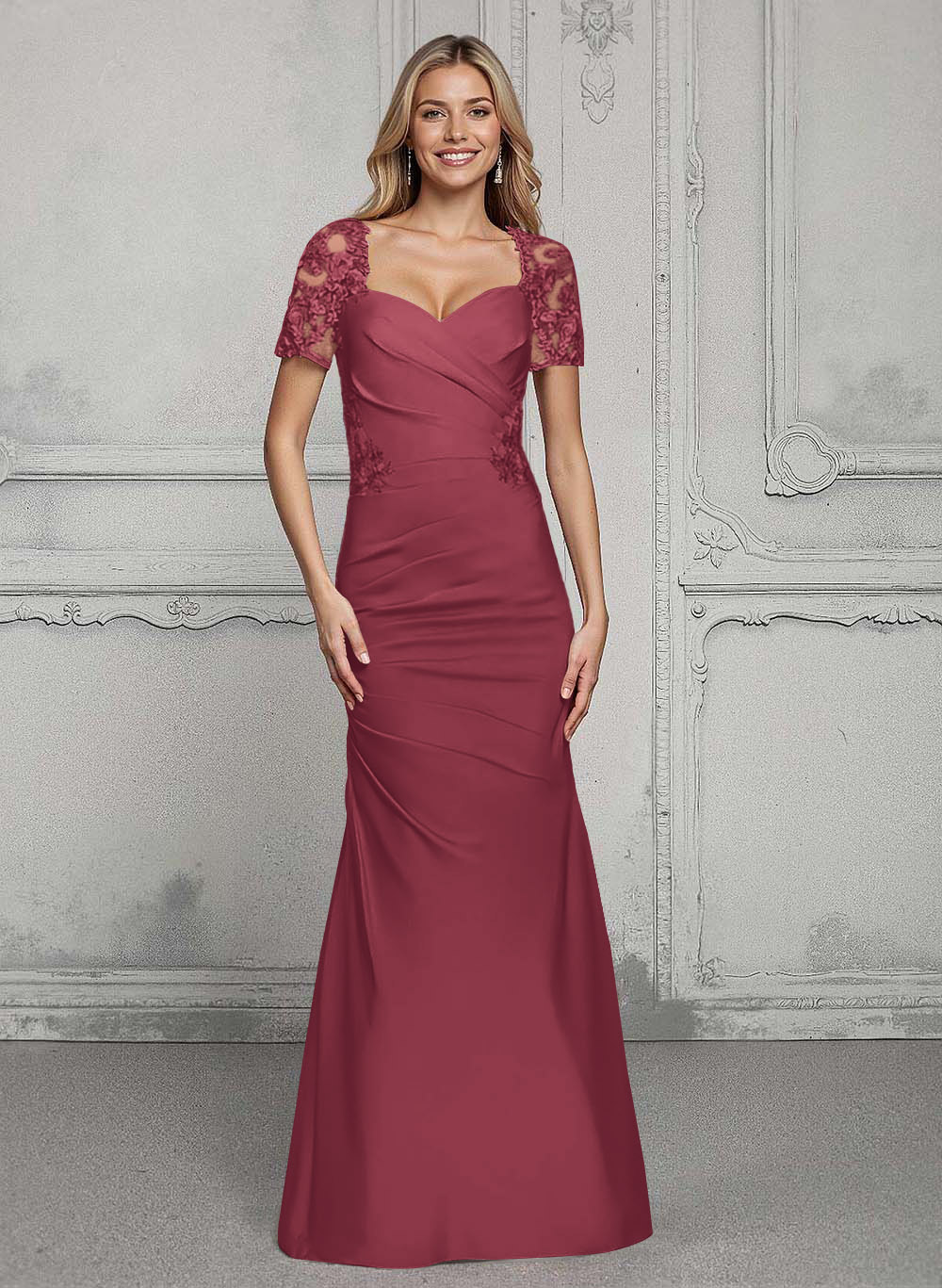 V-Neck Short Sleeves Satin Mother Of The Bride Dresses With Lace