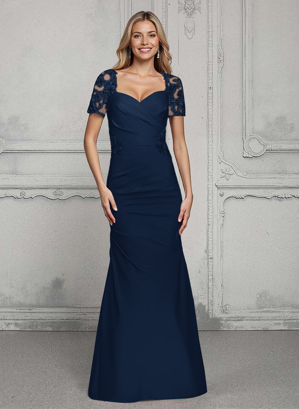 V-Neck Short Sleeves Satin Mother Of The Bride Dresses With Lace