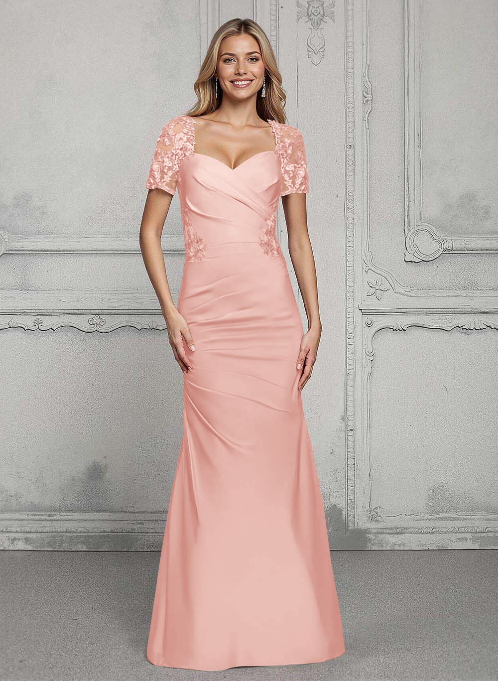 V-Neck Short Sleeves Satin Mother Of The Bride Dresses With Lace