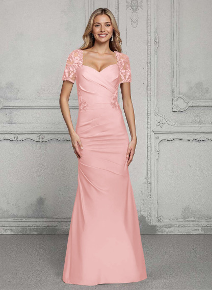 V-Neck Short Sleeves Satin Mother Of The Bride Dresses With Lace