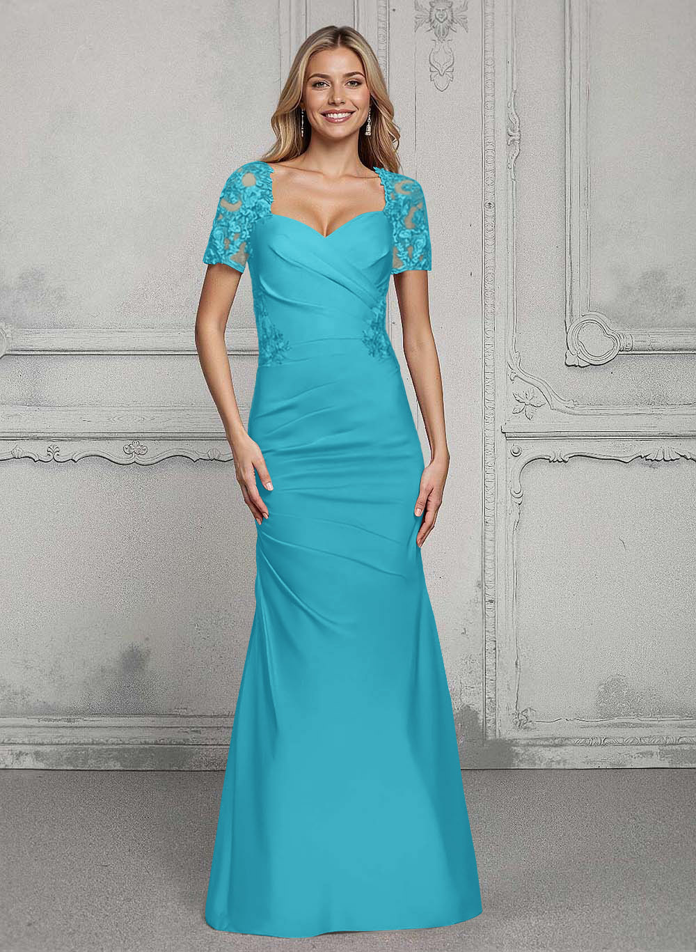 V-Neck Short Sleeves Satin Mother Of The Bride Dresses With Lace